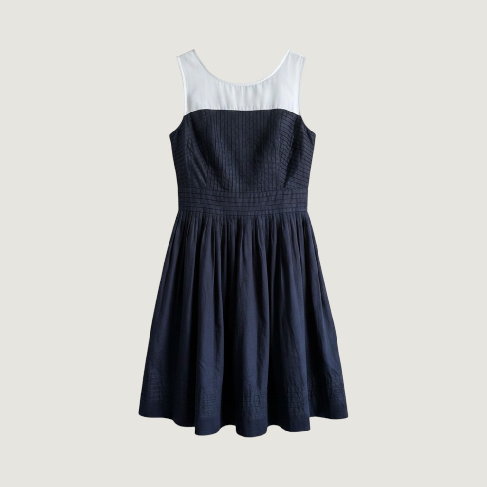 LOFT Black White Pintuck Fit & Flare Dress Sleeveless Cotton Size 6